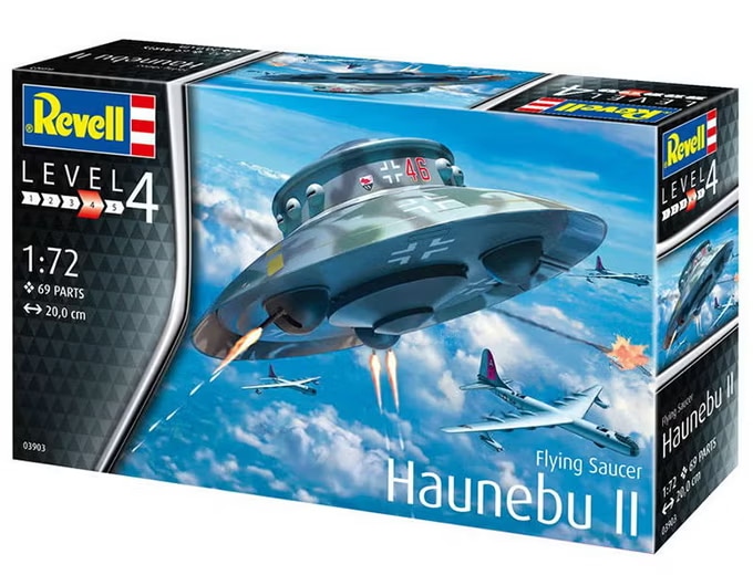 Denne model af den ikke-eksisterende nazistiske ufo "Haunebu II" produceret af modelfirmaet Revell bliver ikke længere produceret efter kritik af dens historiske unøjagtighed. Modellens emballage, der fejlagtigt hævdede, at det "runde fartøj" var det første objekt, som kunne flyve i rummet med en tophastighed på 6.000 km/t, undlod at nævne, at fartøjet aldrig blev bygget, hvilket fik kritik fra bl.a. Dresdens Militærhistoriske Museum. Som historikeren Jens Wehner fortalte den tyske avis Frankfurter Allgemeine Zeitung (18.06.2018): "På det tidspunkt var det teknologisk umuligt at bygge noget som dette ... Entusiaster kan bruge dette som en strategi til at så tvivl om det, vi i dag ved om nationalsocialismen."