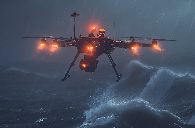 StockCake-Drone_Over_Storm_1760619153_680 Med tanke på de seneste ugers drone-panik fristes man til at sige, at panik-håndbogen ”Outbreak” nu kan udvides med endnu et eksempel på massehysteri. (Illustration: StockCake)