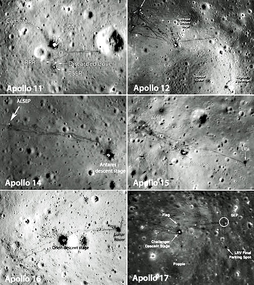 Tydelige spor på Månen efter APOLLO-landingernes aktiviteter optaget fra div. rumfartøjer. (Foto: NASA)