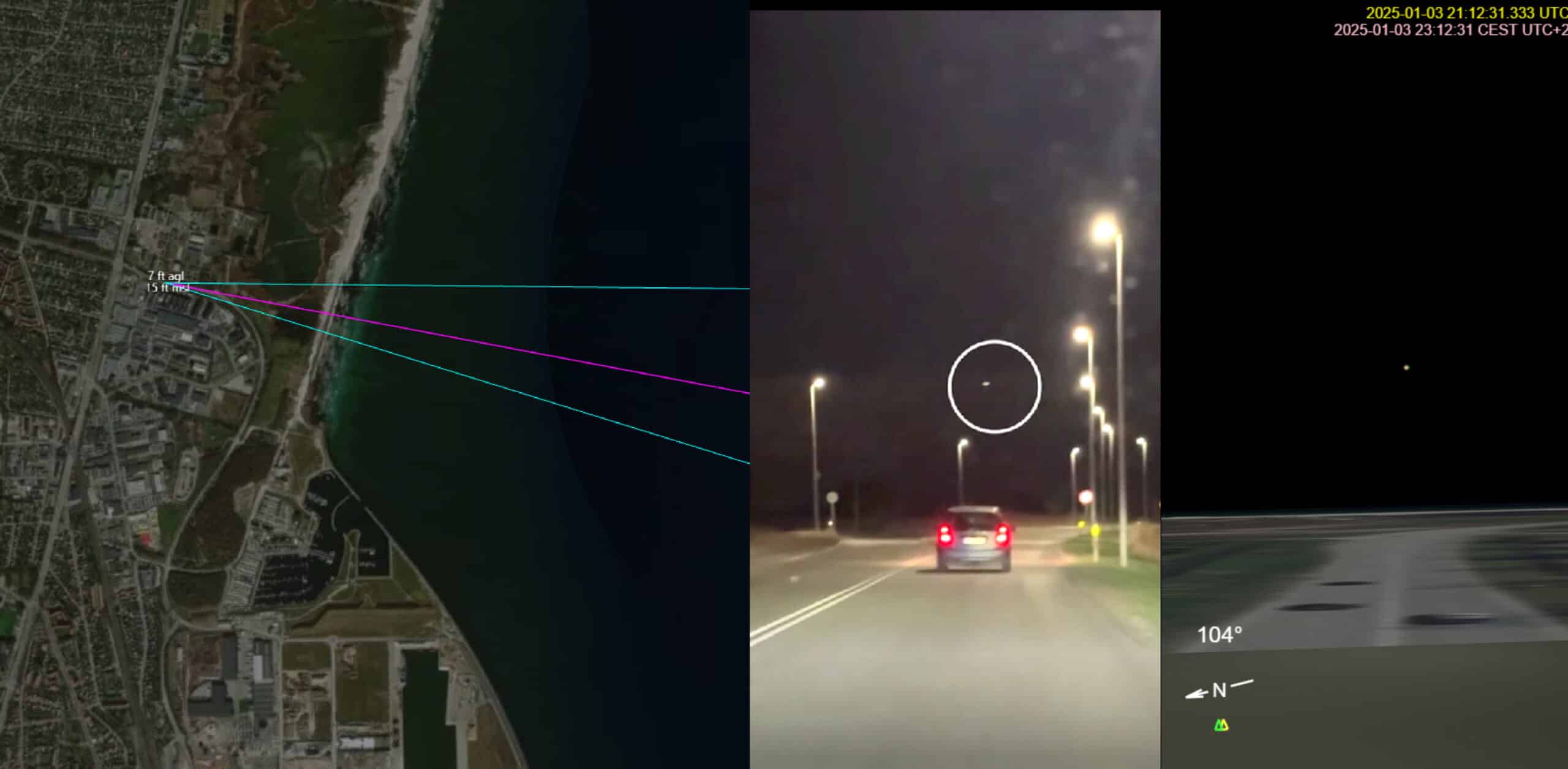 Her ses et stillbillede fra en af de dronevideoer, der har været fremme i medierne indsat i et særligt simulationsværktøj fra MetaBunk, der gør det muligt at sammenstille fly- og astronomidata med videooptagelser. Videoen er optaget i starten af Værftsvej i Køge lige efter McDonalds, Sun Chemical og det store Davidsens byggemarked (dengang XL Byg). Altså kender vi placeringen ret præcist – og kan med sikkerhed sige, at der er tale om et fly. Simulation bygget af ThomasH.
