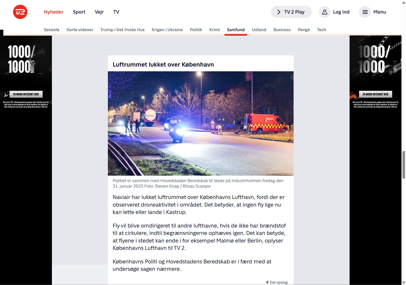 Nedlukningen af Københavns lufthavn 22. september bliver hurtigt til en hot nyhed i medierne. Flere – som her TV2 – laver ligefrem en nyhedsstrøm på deres hjemmeside, der følger sagen minut for minut.