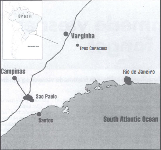 Varginha er en mellemstor by omkring 350 km nordvest for Rio de Janeiro (Kilde: UFO-nyt 2-1996 side 12)