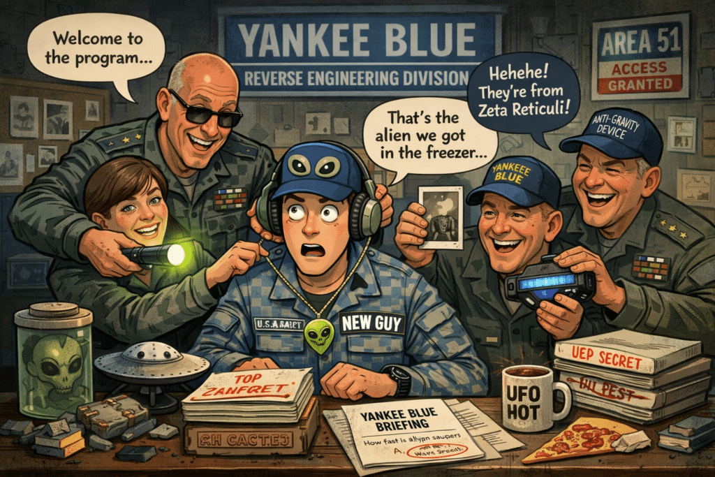 “Yankee Blue” var ifølge AARO et fiktivt ”ufo-program”, der hen over de seneste 50 år er blevet brugt i dele af USA Air Force og Pentagon-miljøet som et indvielsesritual, nye folk blev udsat for. Det skete, når deres sikkerhedsgodkendelse kom op på et passende højt niveau.