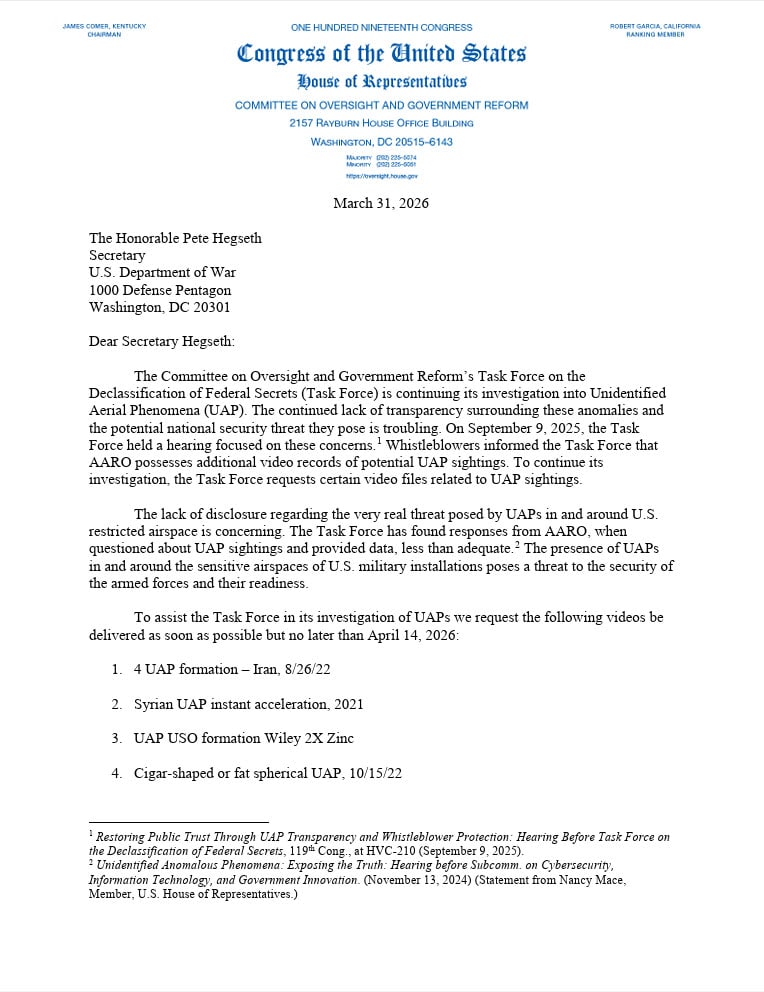 UAP Caucas-medlems brev til den amerikanske forsvarsminister.