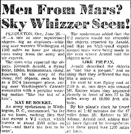 Allerede i en af de første artikler om Kenneths Arnolds observation, knytter hans oplevelse sammen med bølgen af mystiske luftskibe over USA små 50 år tidligere med et ”Men from Mars?” i overskriften – uden at sammenhængen uddybes i artiklen. Så stærkt stod de gamle fortællinger om luftskibene fra Mars stadig i folks bevidsthed i 1947.