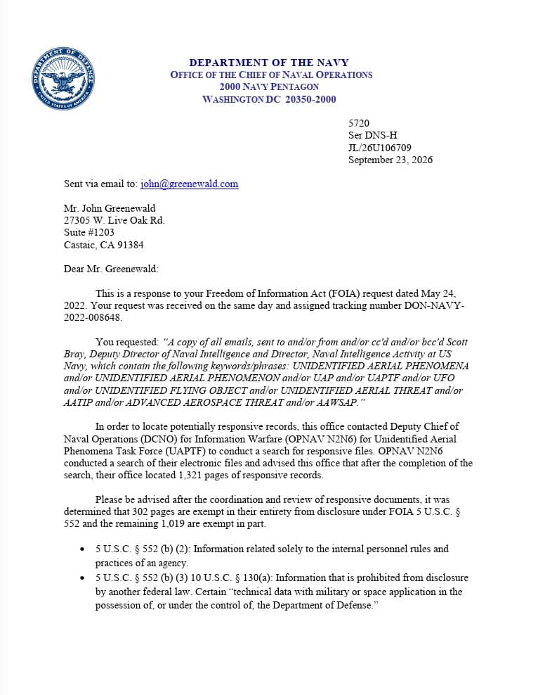 Nye mails frigivet under FOIA giver indblik i arbejdet omkring UAPTF.