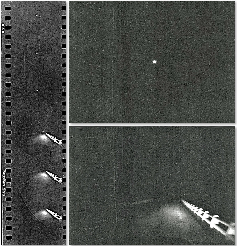 Originalt aftryk af Maarups seks optagelser (tv.) De tre første fotografier taget med patruljevognens fastmonterede kamera viser en lysplet på en mørk himmel (forstørrelse øverst th.). De næste tre fotografier viser landevejen og autoværn oplyst af patruljevognens lys (forstørrelse nederst th.). De små, lyse aftegninger næsten midt i billedet er refleksioner af bilens lys i vejskilte i det nærliggende T-kryds.