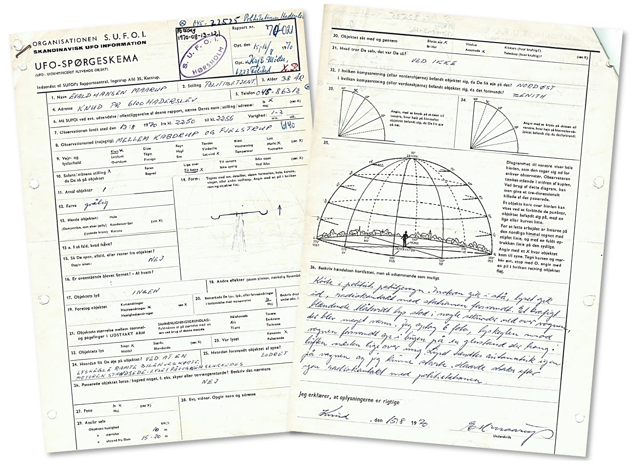 Her ses Evald Hansen Maarups udfyldte UFO-Spørgeskema fra den 15. august 1970.